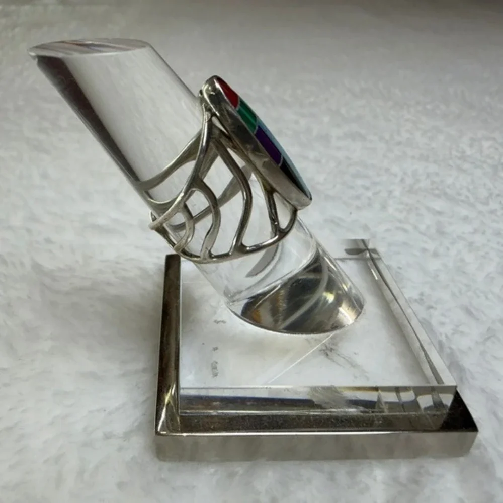 Sterling Silver Southwestern‎ Multi Gemstone Inlay Statement Ring Size 5.5
